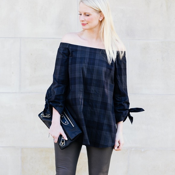 Tibi off the shoulder plaid tunic top - Picture 1 of 3
